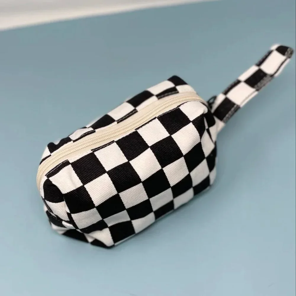 NWT Canvas Zippered Black Checkerboard Makeup Clutch